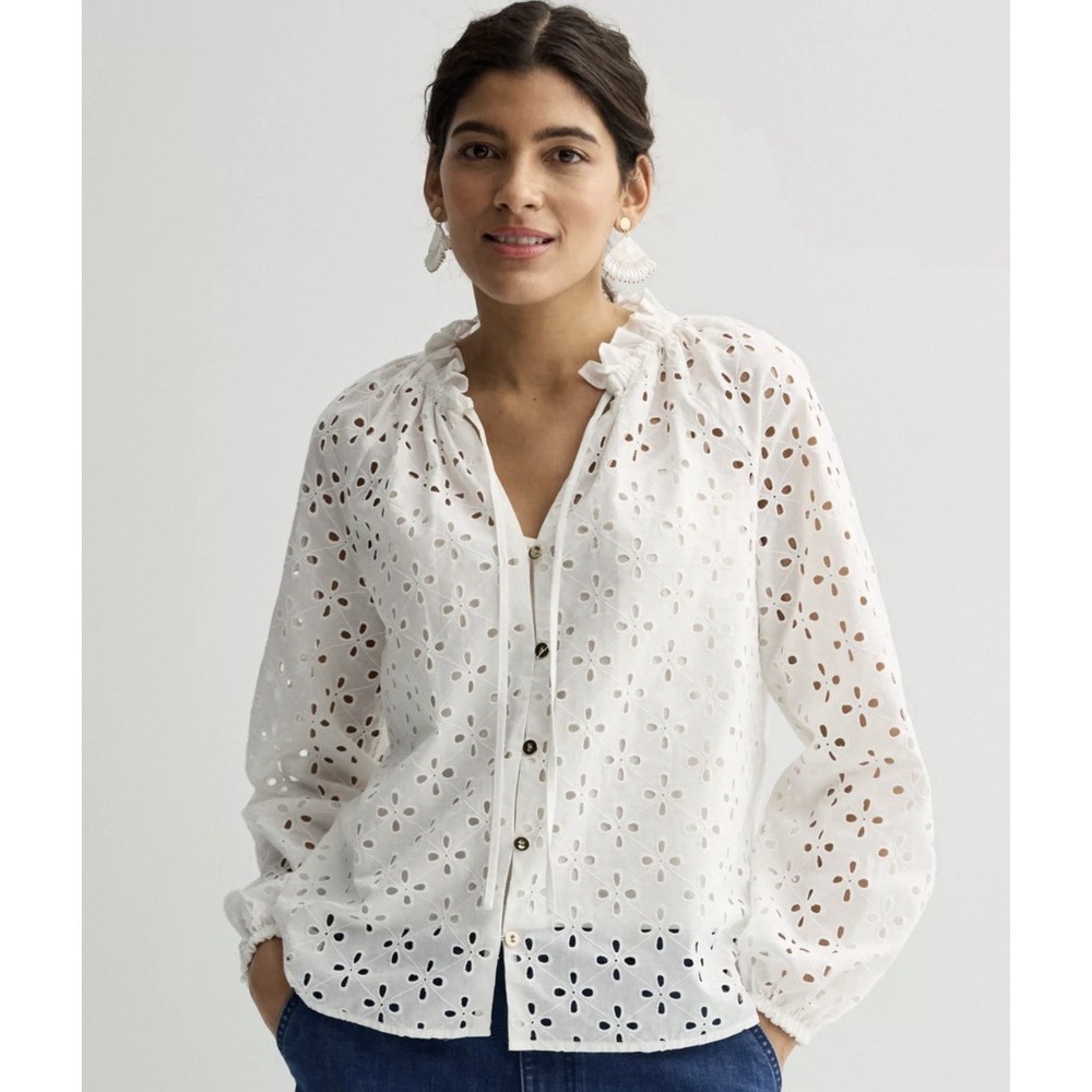 Nine West Blouse White Eyelet Eyelet Ruffle V-Neck Cottage Boho Feminine Sz 3X